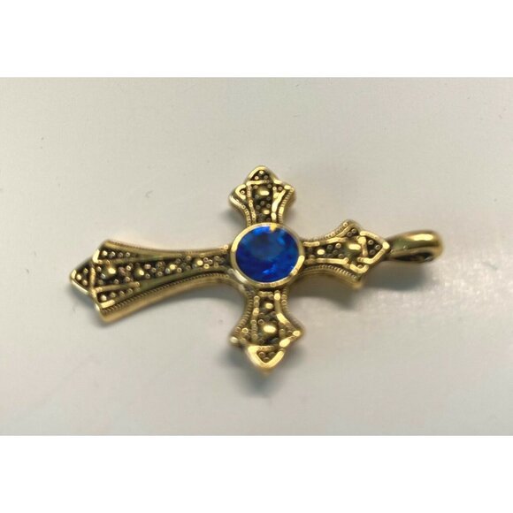 Elegant Gold Tone Cross Pendant with Blue Rhinestone Accent Christian Religious - Picture 6 of 6